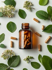 Flat lay of herbal supplement capsules in a brown glass bottle with green leaves, clean background, medical product mockup, natural health style, soft shadow, no label, no text.