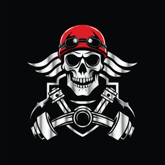 Skull and gear. Vector illustration on a black background. Design element. Skull with helmet and gear on black background. Vector illustration.
