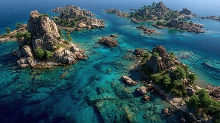 Aerial view of rocky islands surrounded by clear turquoise water, showcasing rugged terrain and vibrant marine life beneath the surface.