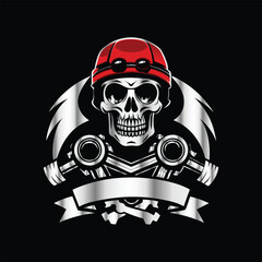 Skull and gear. Vector illustration on a black background. Design element. Skull with helmet and gear on black background. Vector illustration.