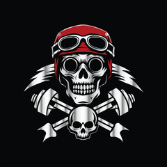 Skull and gear. Vector illustration on a black background. Design element. Skull with helmet and gear on black background. Vector illustration.