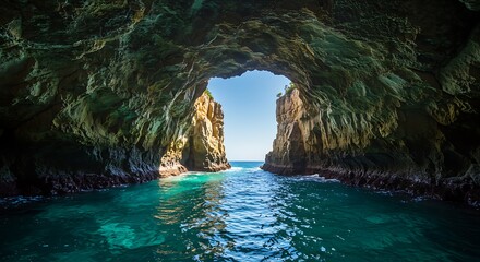 cave in the blue sea. ocean cave entrance with turquoise water and blue sky and wave with sunlight entering through the gaps in the cave hole.