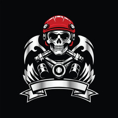 Skull and gear. Vector illustration on a black background. Design element. Skull with helmet and gear on black background. Vector illustration.