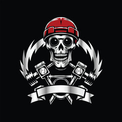 Skull and gear. Vector illustration on a black background. Design element. Skull with helmet and gear on black background. Vector illustration.