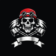 Skull and gear. Vector illustration on a black background. Design element. Skull with helmet and gear on black background. Vector illustration.