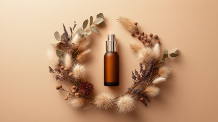 skincare bottle against bright background, warm seasonal botanicals