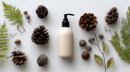 lotion bottle and arranged forest elements, top-down aesthetic,