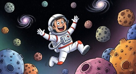 Cheerful astronaut exploring outer space with colorful planets and spiral galaxies