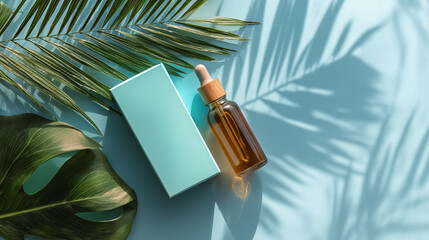 skincare flat lay featuring dropper bottle and box, tropical palm shadows on pastel blue surface,