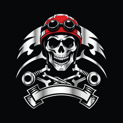 Skull and gear. Vector illustration on a black background. Design element. Skull with helmet and gear on black background. Vector illustration.