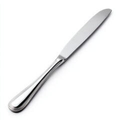 Fototapeta premium A shiny stainless steel butter knife resting on a clean white surface, ideal for kitchen use
