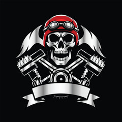 Skull and gear. Vector illustration on a black background. Design element. Skull with helmet and gear on black background. Vector illustration.