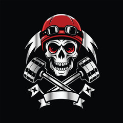 Skull and gear. Vector illustration on a black background. Design element. Skull with helmet and gear on black background. Vector illustration.