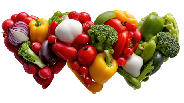 Heartfelt Harvest: A vibrant arrangement of fresh, colorful vegetables artfully shaped into hearts, symbolizing health, wellness, and the goodness of nature's bounty.