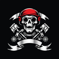 Skull and gear. Vector illustration on a black background. Design element. Skull with helmet and gear on black background. Vector illustration.