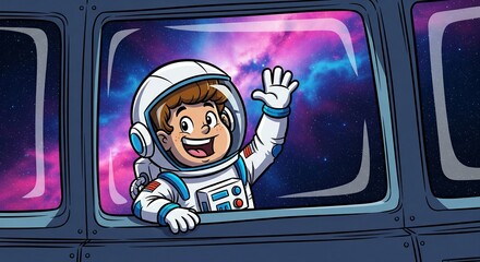Cheerful young astronaut waves from spacecraft window over beautiful galaxy illustration