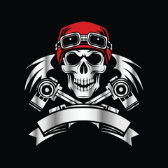 Skull and gear. Vector illustration on a black background. Design element. Skull with helmet and gear on black background. Vector illustration.