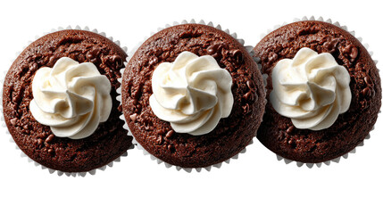 Chocolate Cupcakes with Vanilla Frosting: Three decadent chocolate cupcakes topped with swirls of creamy vanilla frosting, a delightful treat for any occasion.