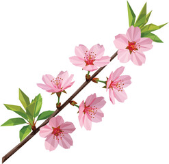 Naklejka premium Low Poly Cherry Blossom Branch with Pink Flowers and Green Leaves