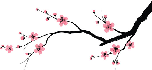 Stylized Cherry Blossom Branch with Pink Flowers and Black Branches