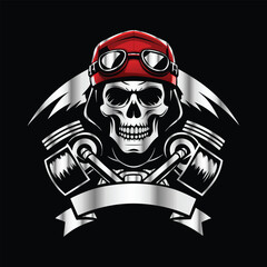 Skull and gear. Vector illustration on a black background. Design element. Skull with helmet and gear on black background. Vector illustration.