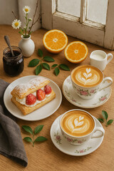 Cup coffee of latte art with Cream and strawberry puffs