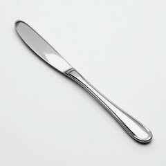A shiny stainless steel butter knife resting on a clean white surface, ideal for culinary presentations