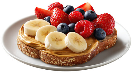 Toast Topped with Fresh Berries and Banana: A delectable slice of toast, generously spread with creamy peanut butter and artistically garnished with a vibrant assortment of ripe strawberries.