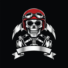 Skull and gear. Vector illustration on a black background. Design element. Skull with helmet and gear on black background. Vector illustration.