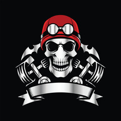Skull and gear. Vector illustration on a black background. Design element. Skull with helmet and gear on black background. Vector illustration.