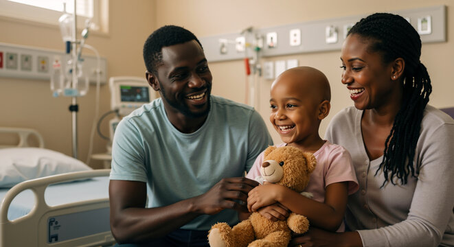 Happy Black family with a child patient in the hospital. Smiling bald girl holding a teddy bear with her loving parents. Childhood cancer awareness concept.