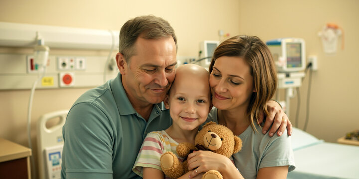 Loving family embracing a child cancer patient. Happy bald girl with a teddy bear being hugged by her parents in the hospital. Childhood cancer awareness concept.