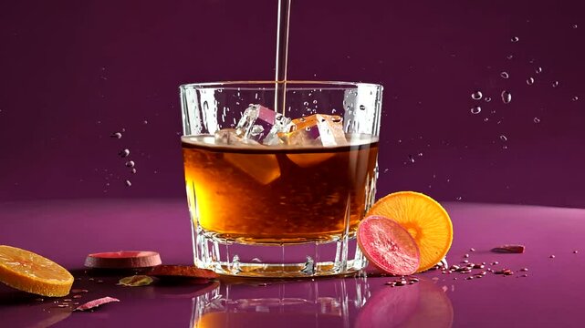 A refreshing cocktail being poured into a glass surrounded by citrus fruits on a vibrant background