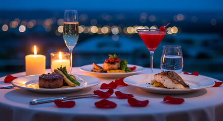 Romantic Dinner Date Candlelit Table Setting with Gourmet Cuisine and City Lights