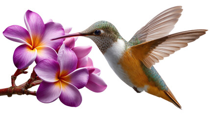 Hummingbird and Plumeria: A vibrant hummingbird hovers near a cluster of delicate purple plumeria flowers, its wings blurred in motion.