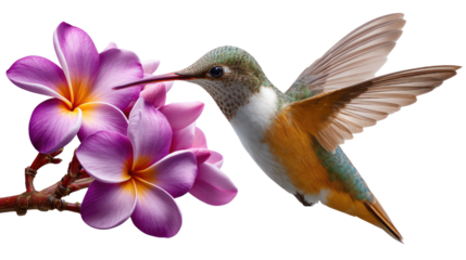 Hummingbird and Plumeria: A vibrant hummingbird hovers near a cluster of delicate purple plumeria flowers, its wings blurred in motion.