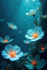 Enchanted Underwater Bloom Serene Aquamarine Flowers Illuminated in a Deep Ocean Realm