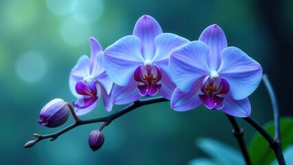 Serene Lavender Orchids Blooming on a Branch, Delicate Petals Unfurling in Soft Light