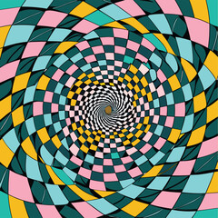 abstract spiral pattern creates an optical illusion with colorful geometric shapes, forming a dynamic and visually engaging design