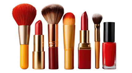 Red Lipstick and Makeup Brushes: A stylish collection of red lipstick tubes and makeup brushes in a vibrant red and gold color scheme, set against a clean background. 