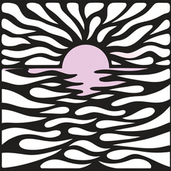 An abstract sunset over the sea is depicted in a geometric tile pattern with black and white waves and a purple sun reflecting on the water