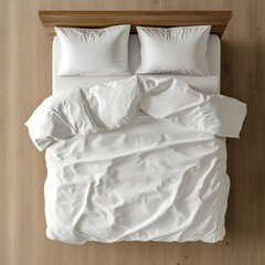 Obraz premium Top view of a made bed with white bedding and wooden headboard on wood floor.