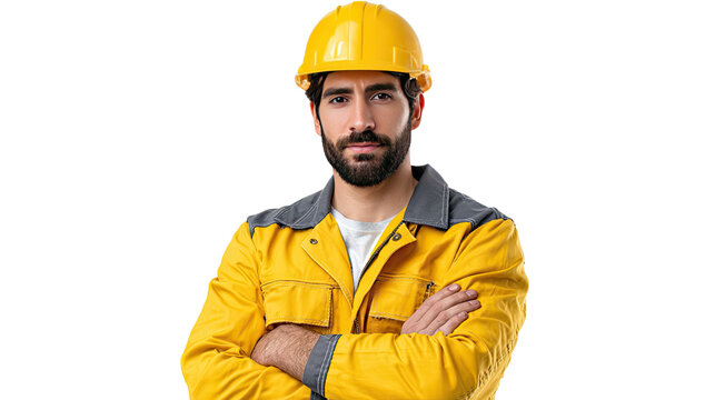 Confident Construction Worker: A strong and confident construction worker stands in a well-lit area, showcasing expertise and skill in his profession, representing a symbol of skill and reliability.