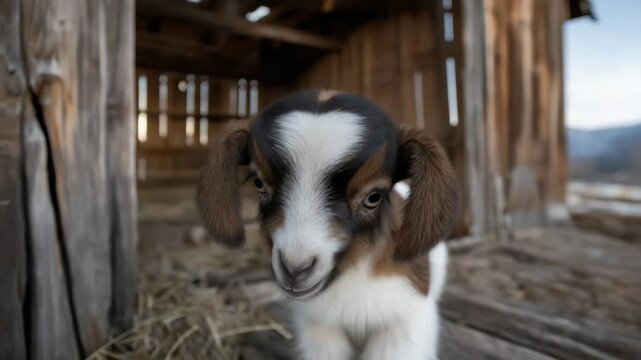 Curious Goatling's Gaze: A charming young goatling with a distinctive heart-shaped marking on its forehead gazes inquisitively from within a rustic wooden barn, its innocent eyes radiating warmth.