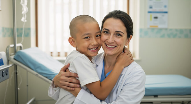 Happy bald Asian boy hugging a female doctor in a hospital. Smiling child cancer patient embracing an oncologist. Pediatric care and recovery concept.