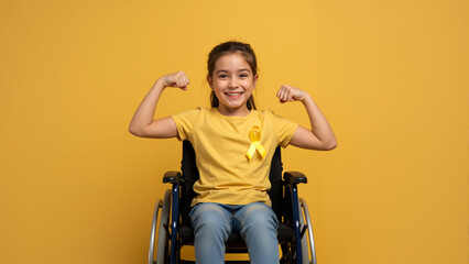 Strong girl with yellow ribbon showing biceps. Happy child cancer survivor in wheelchair flexing muscles on yellow background. Childhood Cancer awareness month.