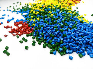 plastic masterbatch, colorful polymer masterbatch type cold cutting raw material granular, isolated on white background, for product catalog design of plastic manufacturing industry company profile	
