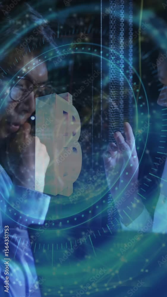 Aufkleber animation of bitcoin and data processing over diverse it engineers by computer servers