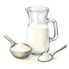 My Watercolor illustration with powdered milk on bottle and spoon painting isolated on a white background, illustration, AI painting design, vector set, eps format, My illustration design