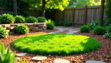 Fototapeta premium Serene Backyard Oasis Lush Green Grass Patch, Stone Pathway, and Vibrant Greenery Surrounding a Wooden Fence